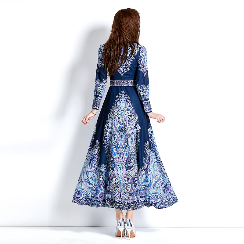 Abito lungo Boho vintage elegante da festa Abito lungo Boho con motivo floreale Paisley Designer donna con scollo a V Cintura sottile Abiti blu da vacanza larghi Abiti altalena 2023 Primavera Autunno Abiti da passerella chic