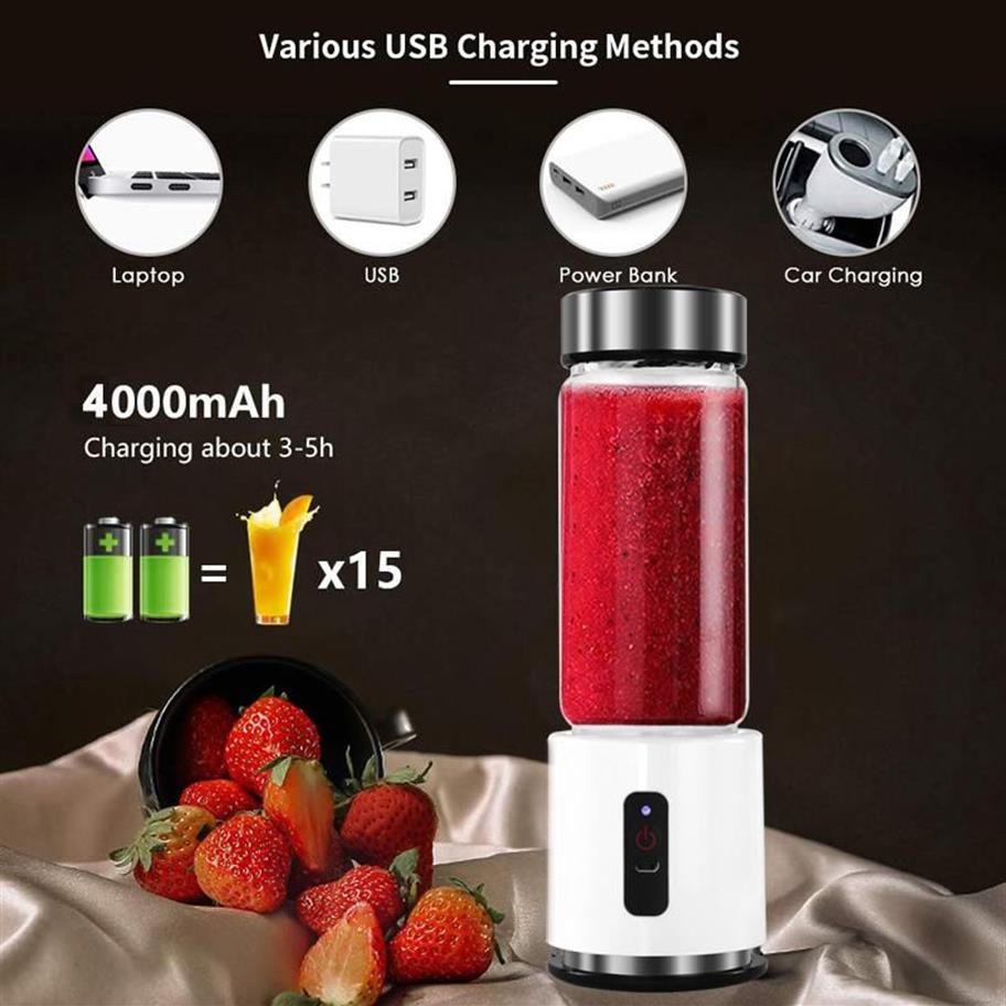 Bpa usb recarregável smoothie liquidificador bateria pessoal 380ml vidro smoothie liquidificador espremedor fácil pequeno portátil 263k