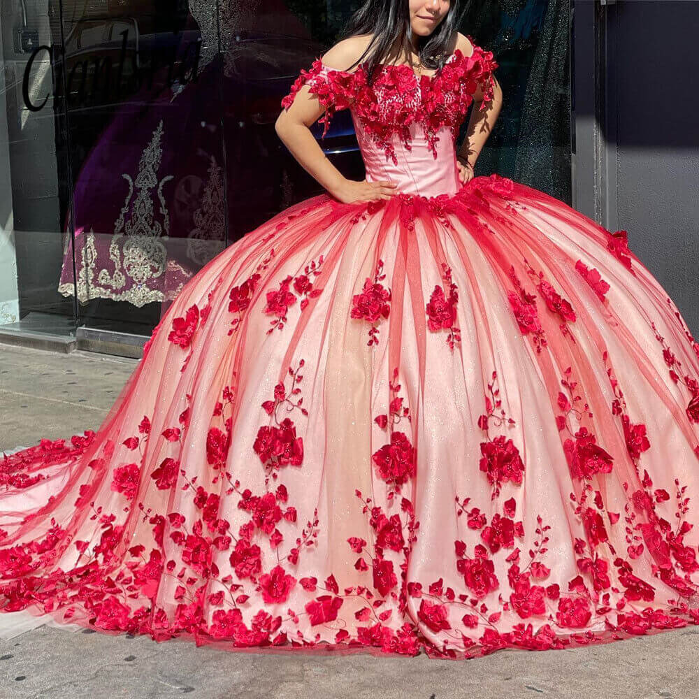 Czerwona księżniczka Off the ramion Ball suknia Quinceanera sukienka z koraliki urodziny lawenda vestidos de novia Appliques ukończenie sznurka