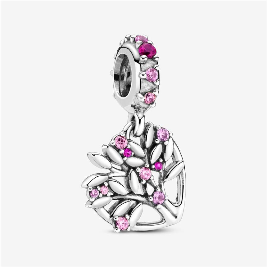 Ny ankomst 100% 925 Sterling Silver Pink Heart Family Tree Dangle Charm Fit Original Europeiska charmarmbandsmycken 196Z