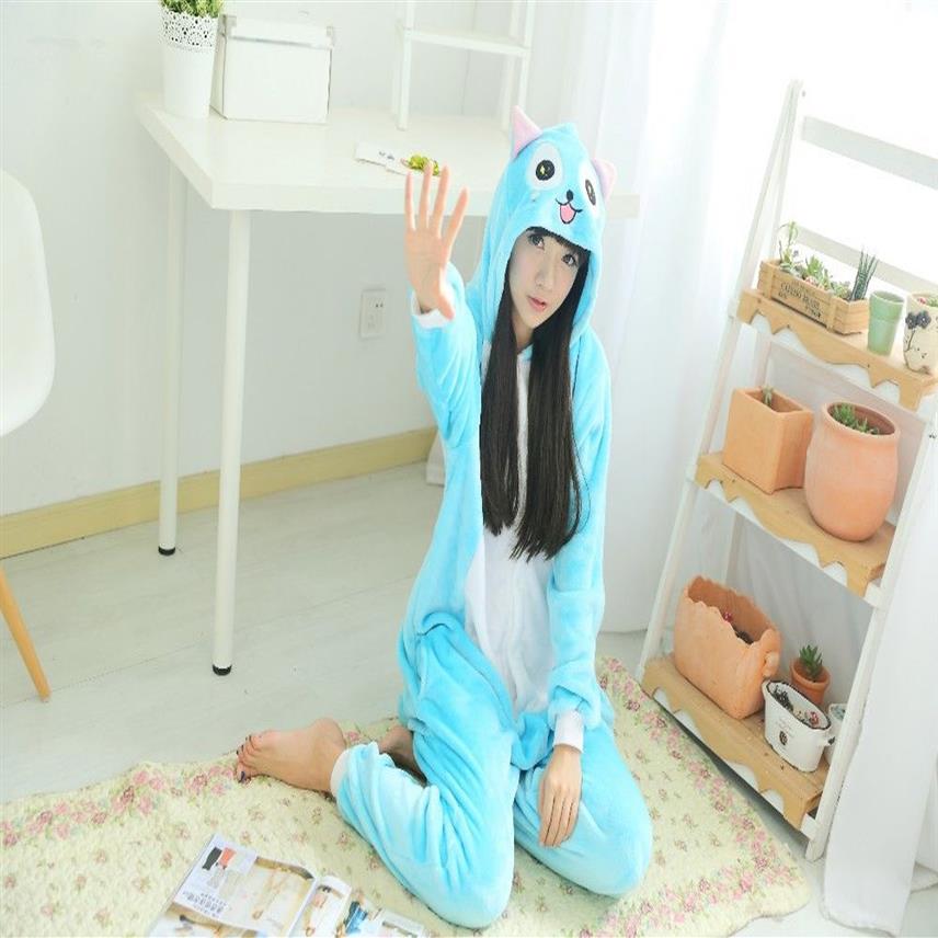 Фланелевой аниме Fairy Tail Happy Cat Onesie для взрослых и детей, костюм для косплея с героями мультфильмов, женские пижамы для взрослых, комбинезоны с синим котом, jumpsuit203L