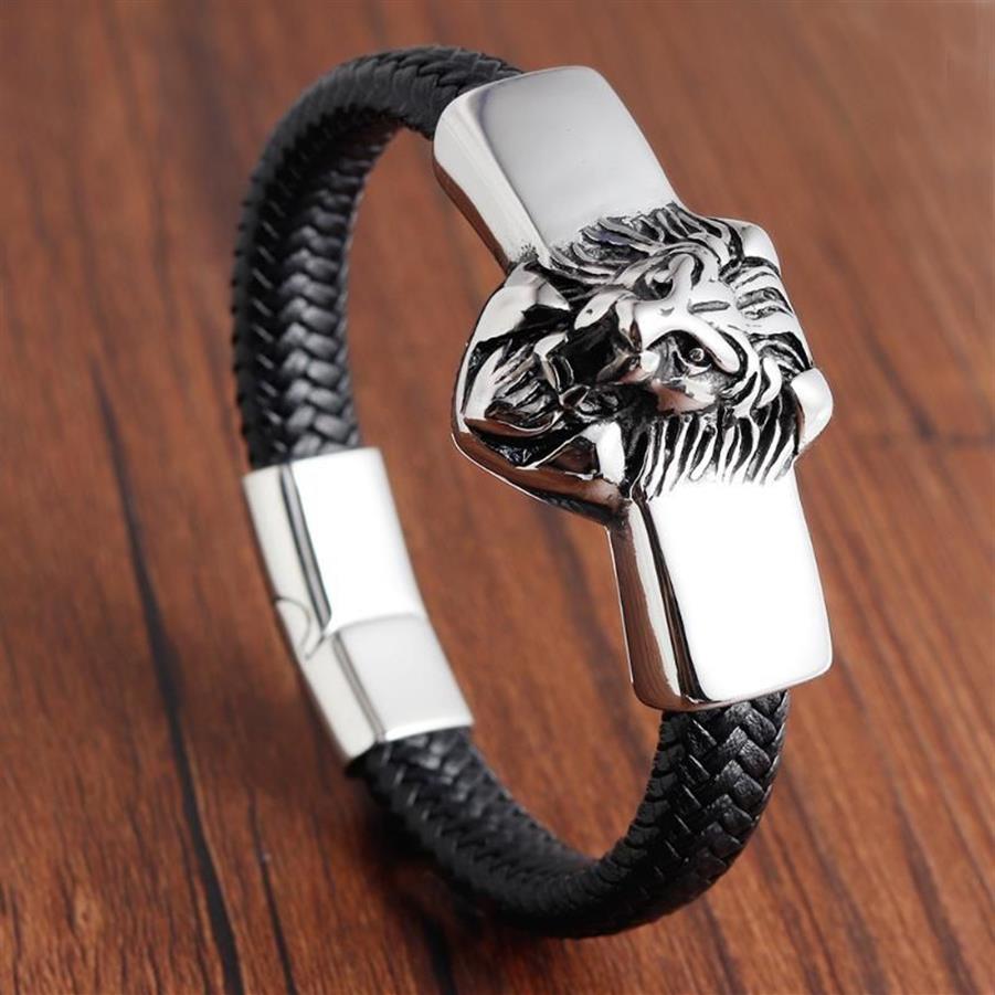 Leão corda de couro masculino pulseira de aço inoxidável fecho magnético trançado multi camada envoltório braçadeira na moda pulsera hombre285l