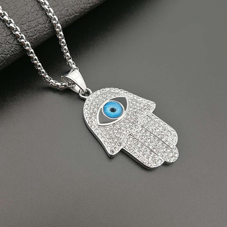 Turkish Evil Eye Hamsa Hand of Fatima Necklace Iced Out Shiny Cz Pendant & Chain Hip Hop Women Men Jewelry High Quality