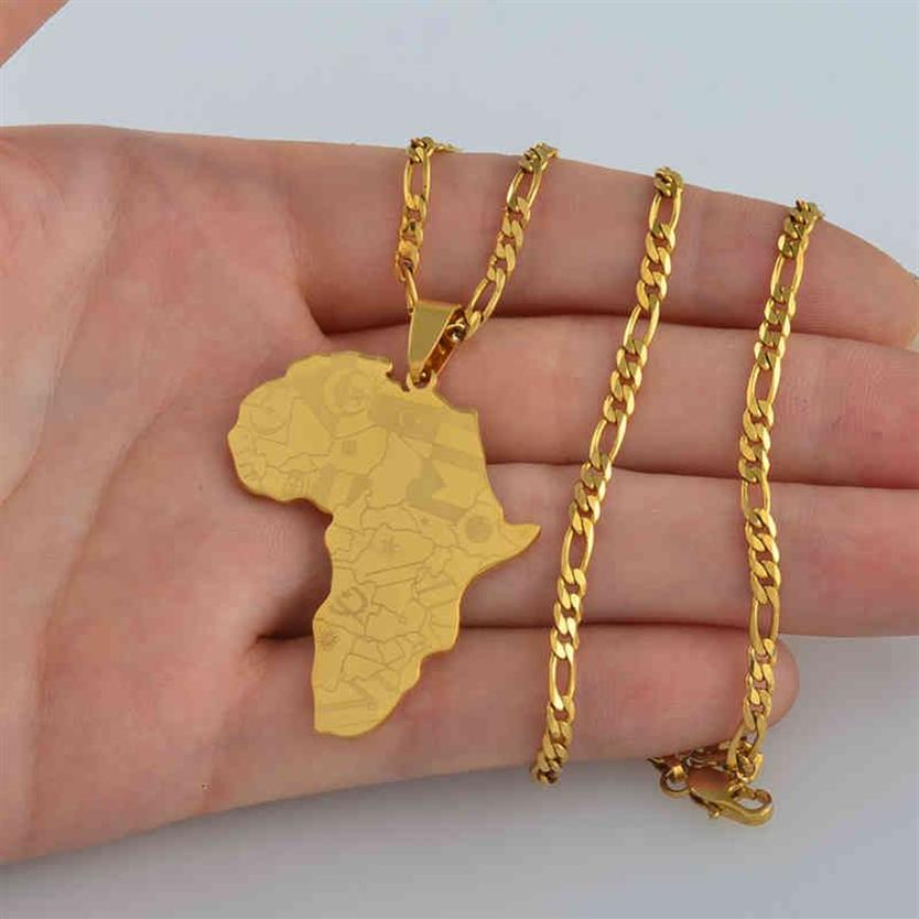 Anniyo Silver Color gold Color Africa Map with Flag Pendant Chain Necklaces African Maps Jewelry for Women Men #035321p330O