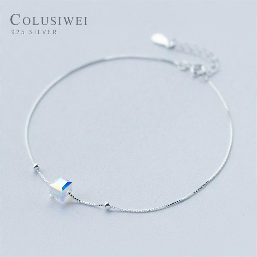 Colusiwei Genuine 925 Sterling Crystal Cube Silver Anklet for Women Charm Bracelet of Leg Ankle Foot Accessories Fashion270I