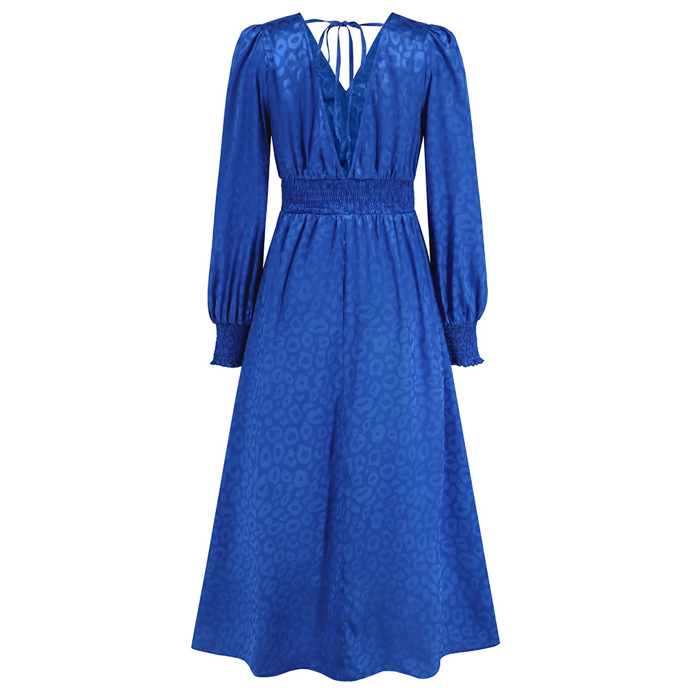 Vintage Silk Satin Party Blue Backless Dress Robe Lantern Sleeve Woman Designer V-Neck Slim Ruffle Ruched Vacation Dresses 2023 Spring Fall Elegant Fit Runway Frocks