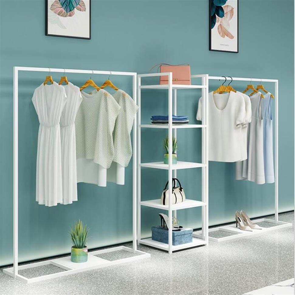Simple clothing store display rack floor type men's shop shelf women's cloth hanging clothes racks white against the wal2430