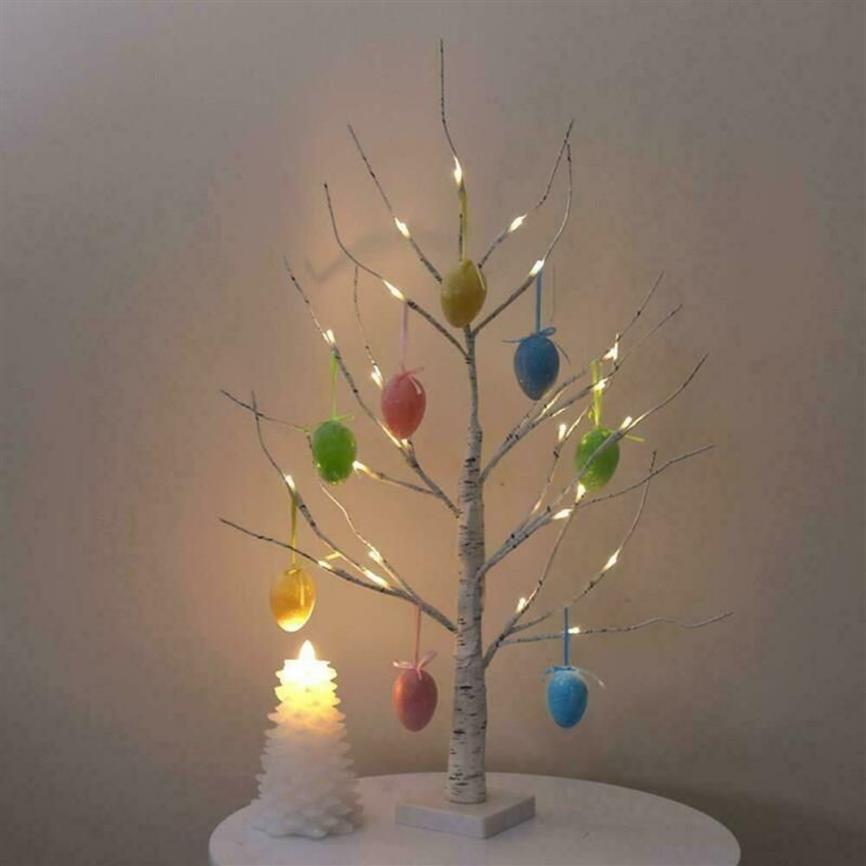 Albero di Pasqua bianco da 60 cm con luci Uova di Pasqua decorative ornamenti appesi Decorazioni lampade ad albero ramoscello 24 luci a LED bianche Y0107350T