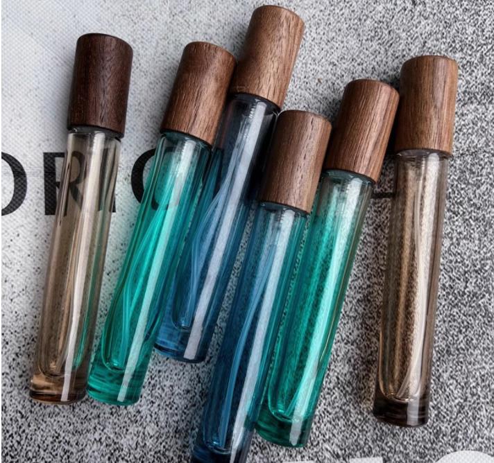 10 ml Glas-Parfümflaschen, blau, grün, braun, Farbpresse, Sprühflaschen mit Duft, ätherisches Öl, leere nachfüllbare Flasche SN4248