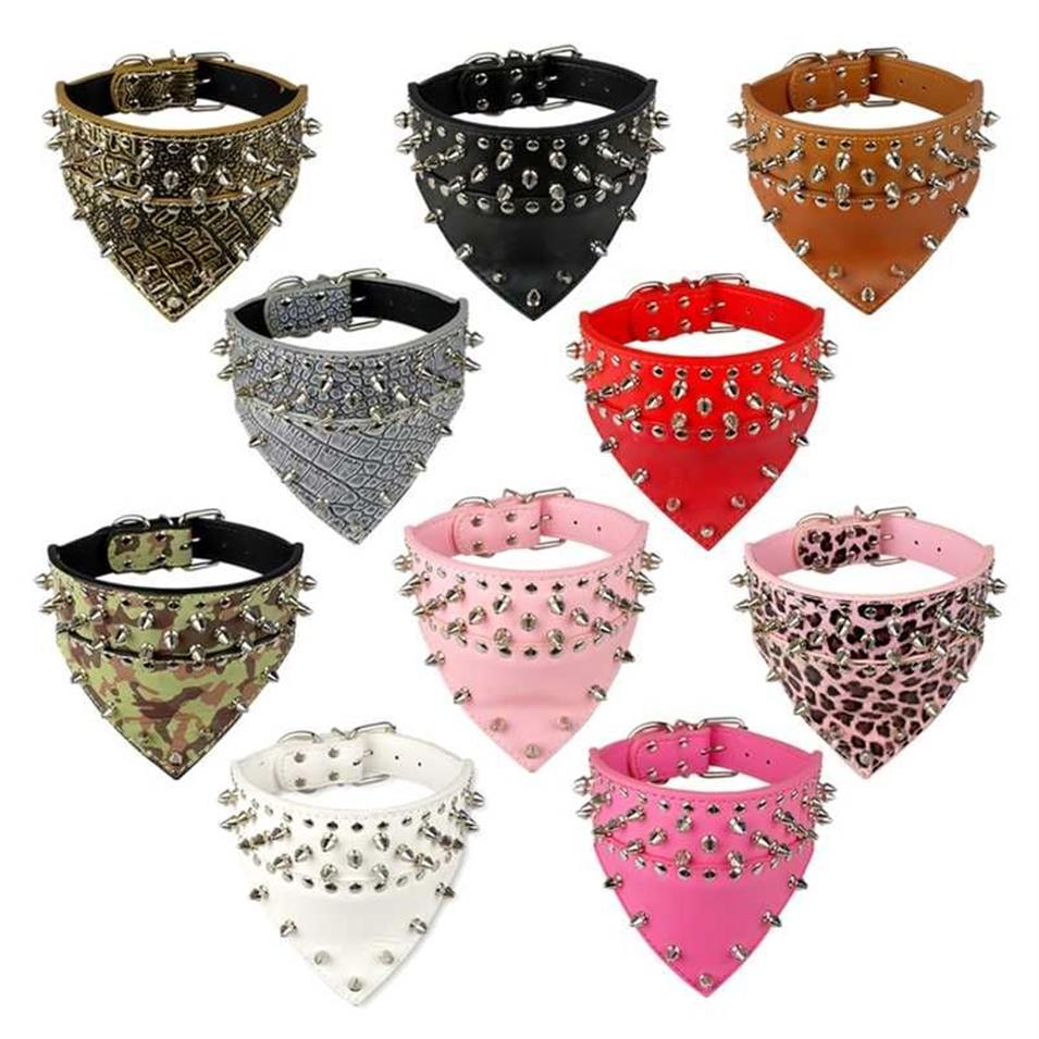 2 Wide Pet Dog Bandana Collars Leather Spiked Studded Pet Dog Collar Scarf Neckerchief Fit For Medium Large Dogs Pitbull Box323D