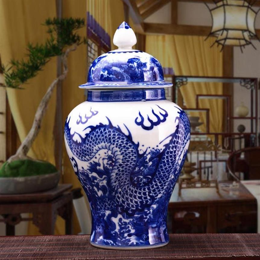 Vasen Antiker chinesischer Drache, klassische Qing-Keramik, großes Ingwerglas, blaue und weiße Porzellan-Bodenvase für kostbares Geschenk2585