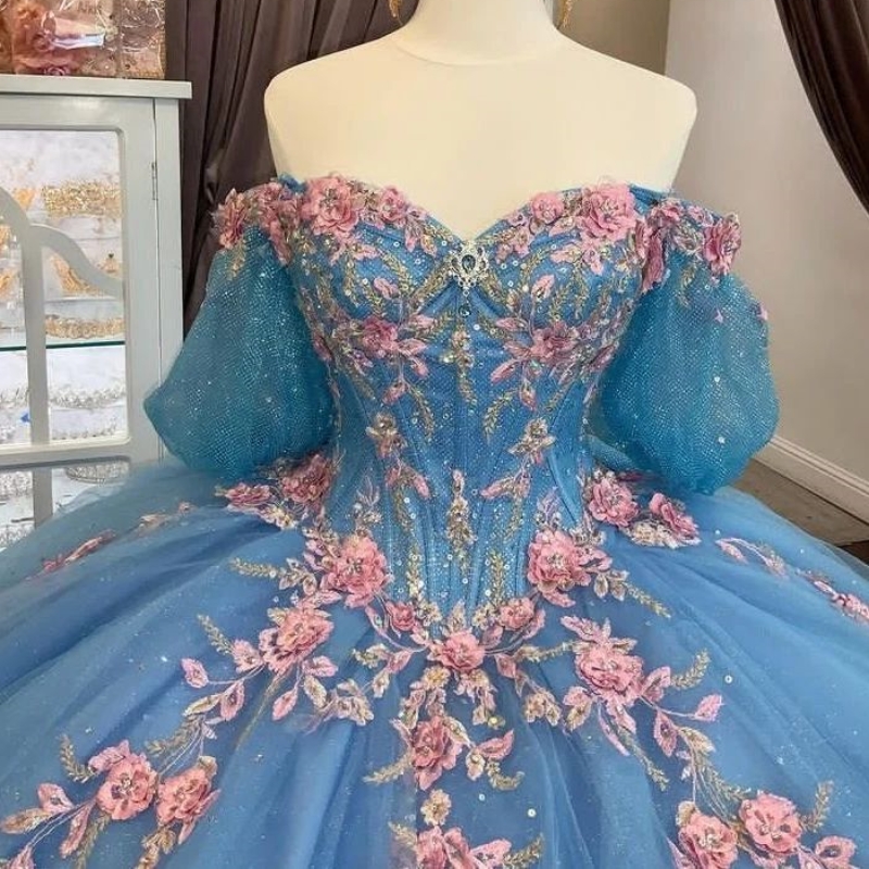 México céu azul fora do ombro vestido de baile quinceanera vestido frisado apliques arco vestidos de festa de aniversário doce 16 15 robe de baile