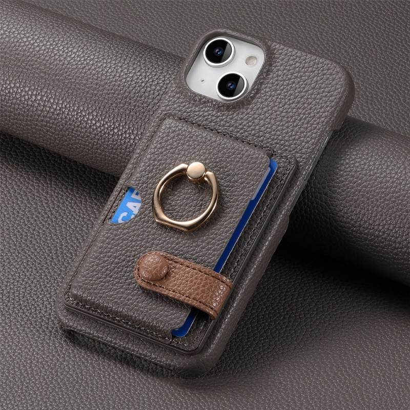 Solid Color Minimalist Lychee mönstrad ring plånbokfodral lämplig för 15 14 pro max kreativ telefon läderfodral