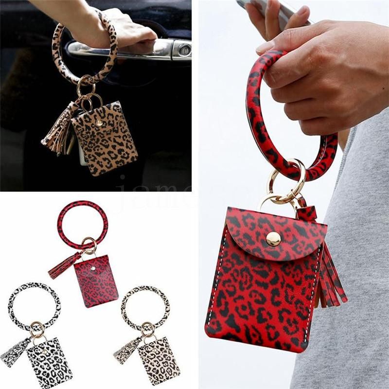 Bangle Bracelet Card Bag Wallet Keychain Wristlet Keyring Leopard Handbag Bracelet Credit Card Holder With Tassel Party Favor Da746