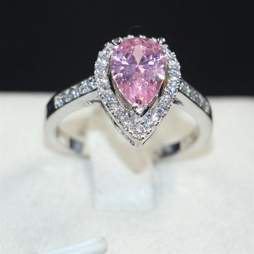 Czeska biżuteria delikatna gruszka różowy diamentowy palec serdeczny moda 10KT Białe złoto pełne oblubienicy ślubnej Pierścienie dla kobiet prezent 2548