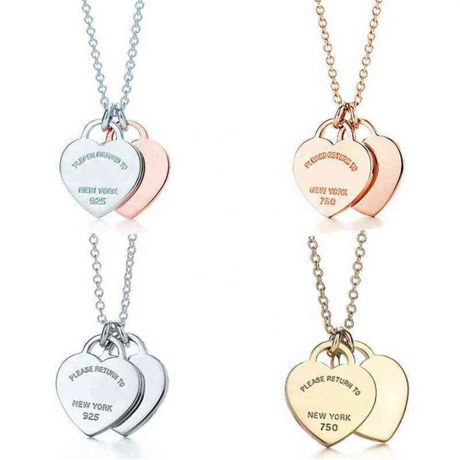 Classic 925 Sterling Silver Necklace Double Heart Pendant Necklace Man Women Party Wedding Jewelry High Quality With Box Y220314228G