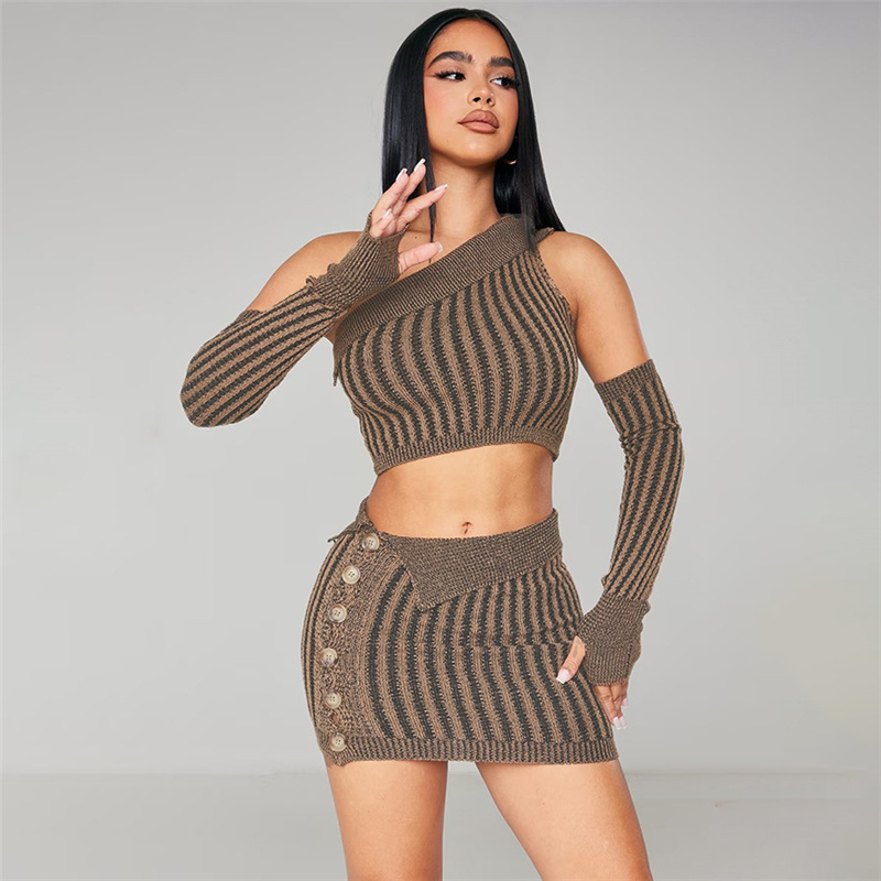 Designer Knitting Dress Define WomenTwo Piece Set Sexy Inclinado Ombro Crop Top e Bodycon Mini Saia De Malha Vestido Ternos Bulk Atacado Roupas 10394