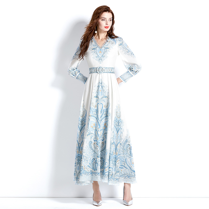 Abito lungo Boho vintage elegante da festa Abito lungo Boho con motivo floreale Paisley Designer donna con scollo a V Cintura sottile Abiti blu da vacanza larghi Abiti altalena 2023 Primavera Autunno Abiti da passerella chic