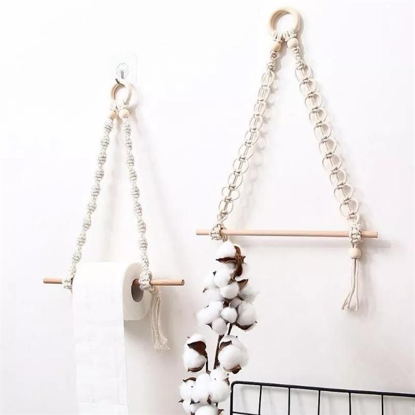 Porte-papier toilette mural en macramé, 2 pièces, bâton en bois suspendu, style nordique, porte-serviettes, Decor262o