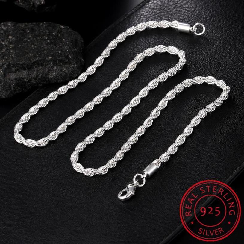 Collier en argent Sterling 925 pour femmes et hommes, chaîne en corde ed de 4mm, 16, 18, 20, 22, 24 pouces, à la mode, breloque de mariage, bijoux 268F