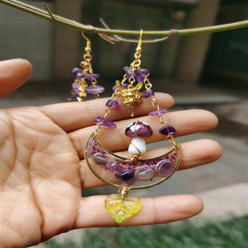 Dangle Chandelier Mushroom يقف على القمر الذهبي مع الجنية Amythest أقراط Cottagecore Jewelry Witchy Bohodangle235W