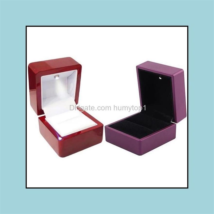 Embalagem jóias2 pçs caixa de anel 1 pçs led iluminado presente casamento noivado roxo anéis exibição armazenamento macio veet bandeja caso jóias239w