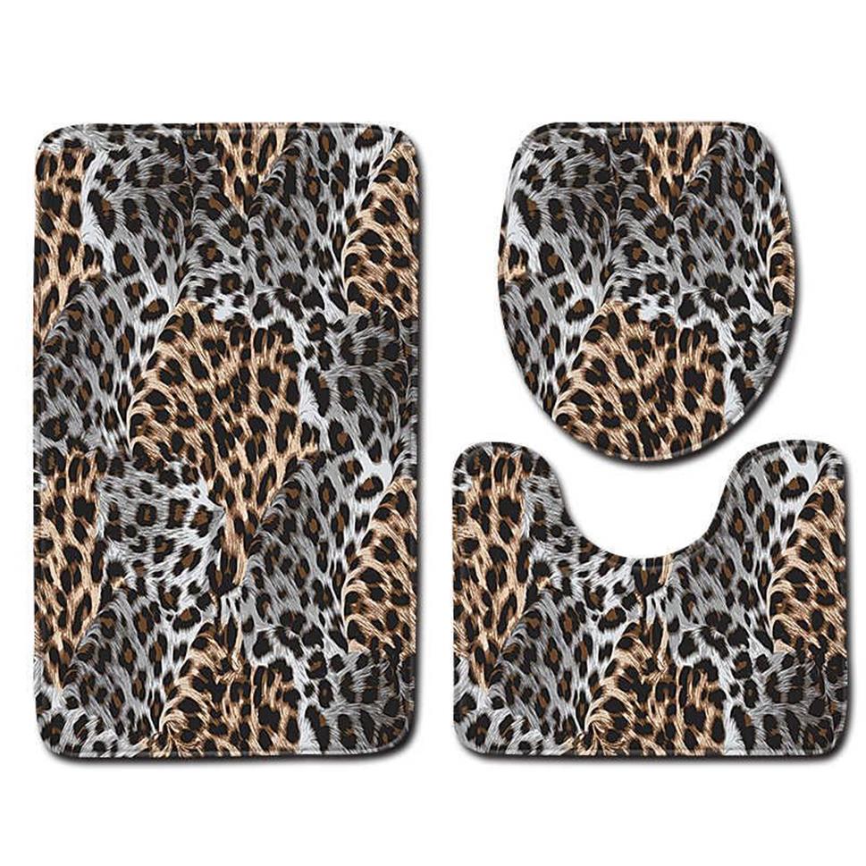 Moda modello leopardo 3 pezzi Tappetini da bagno Tappeto da bagno Tappeto da toilette Tappeto in flanella antiscivolo Arredamento da bagno Set di tappetini da bagno in pelliccia sintetica 21278M