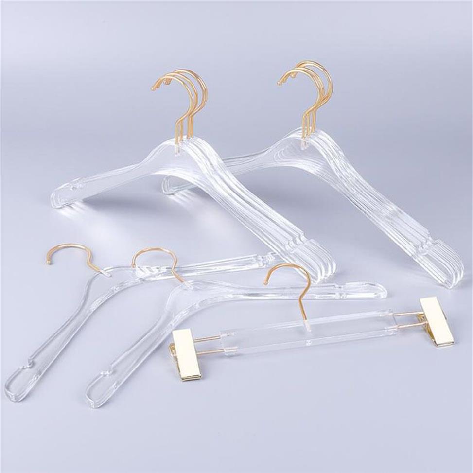 10 datorer Toppklass Clear Acrylic Crystal Clothes Suits Hanger med Gold Hook Transparent Acrylic Pants Hangers With Gold Clips 2012276R