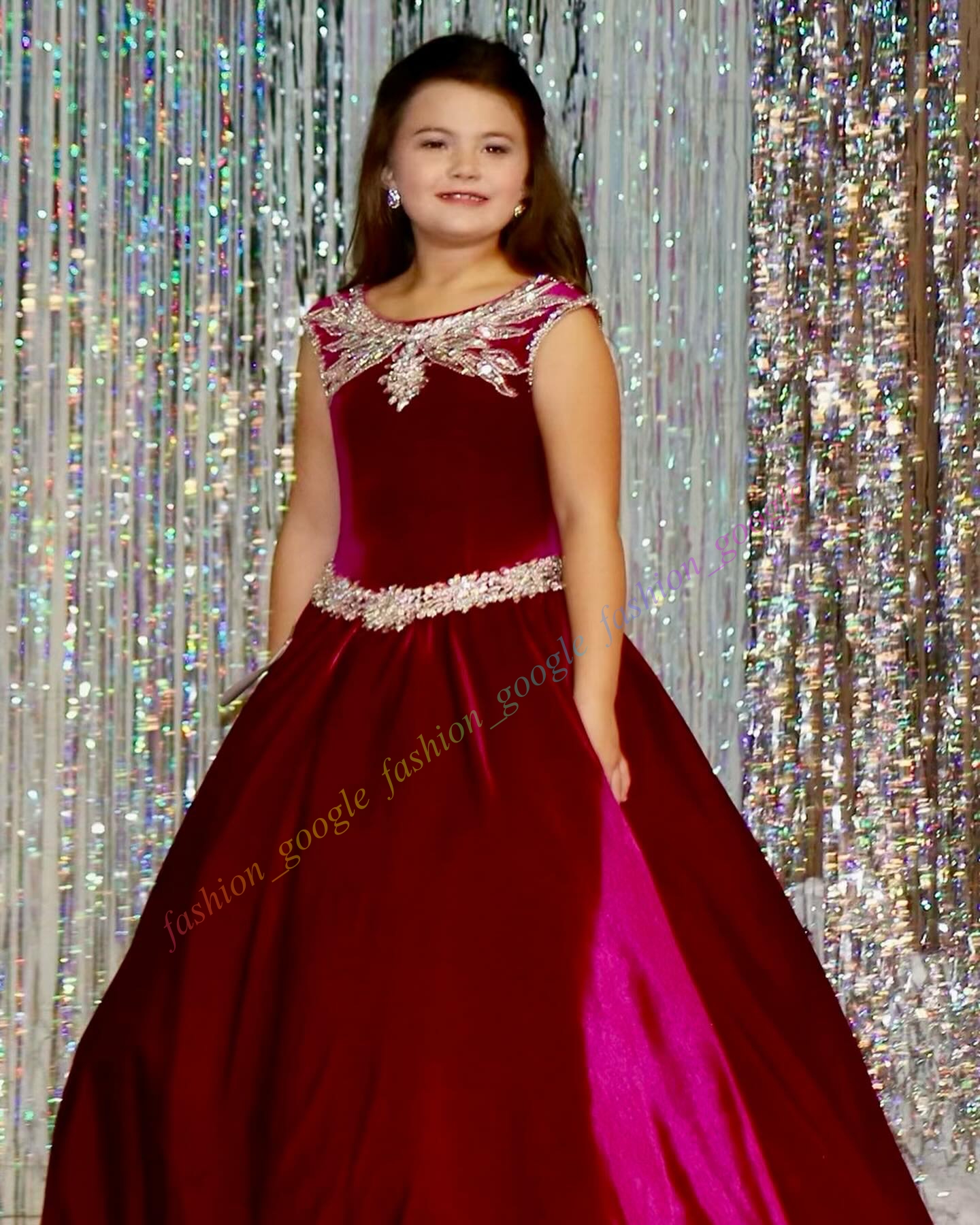 Velvet Girl Pageant Dress 2024 Crystal Royal Burgundy Glitz Little Kid Fun Fashion Runway Drama Birthday Cocktail Party Gown Toddler Teens Preteen Keyhole