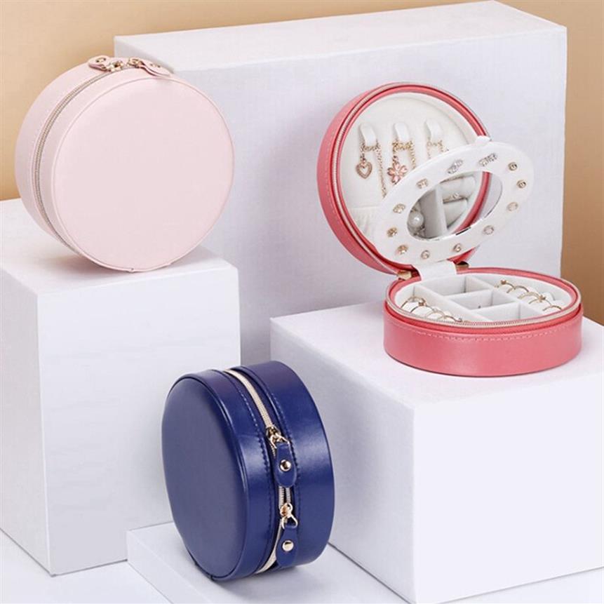 Boîte à bijoux ronde Portable, boîte de voyage en cuir PU avec fermeture éclair, présentoir de bijoux, sac de rangement, cadeau, boucles d'oreilles, valise de rangement pour maison 2132