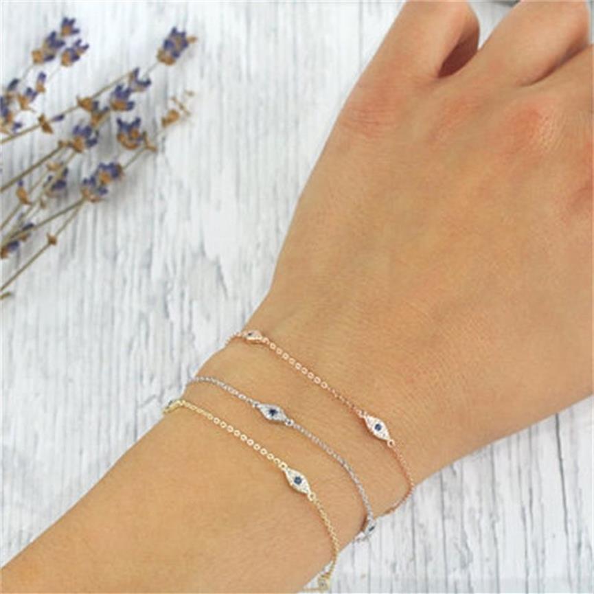 100% 925 Sterling Silver Söt härlig Blue White Cz Evil Eye Link Minimal Delicate Thin Chain Women Girl Aderable Armband255T