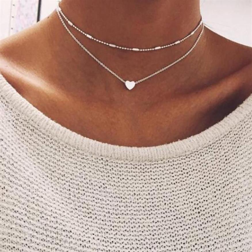 Pendant Necklaces Multi Layer Tiny Small Heart Moon Choker Necklace For Women Gold Color Short Chain Collar Jewelry GiftPendant267I