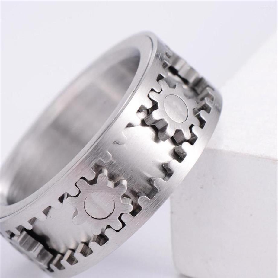 Cluster Rings Stainless Steel Gear Ring For Men Women Silver Color Double Layer Rotatable Bridal Sets Fashion HipHop Jewelry Acces217w