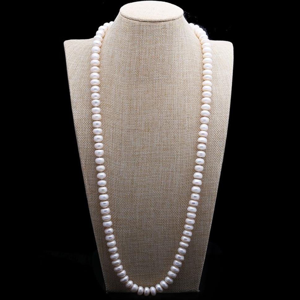 Design 10-11mm 82 cm perle d'eau douce blanche grand pain cuit à la vapeur perles rondes collier de perles chaîne de pull bijoux de mode 324d