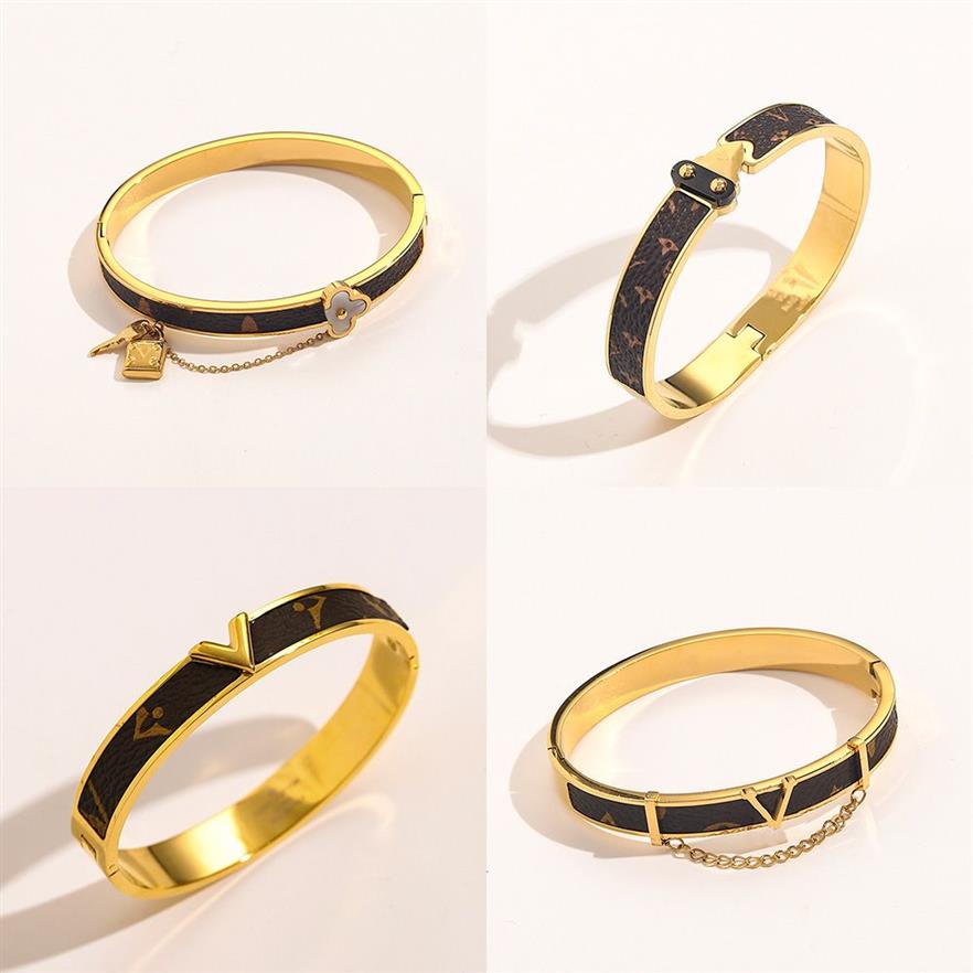 Designer Branded 18K Gold Bangle Bracelets Femmes Hommes Bangle Designer Lettre Bijoux Faux Cuir Plaqué Or 18K Acier inoxydable B312z