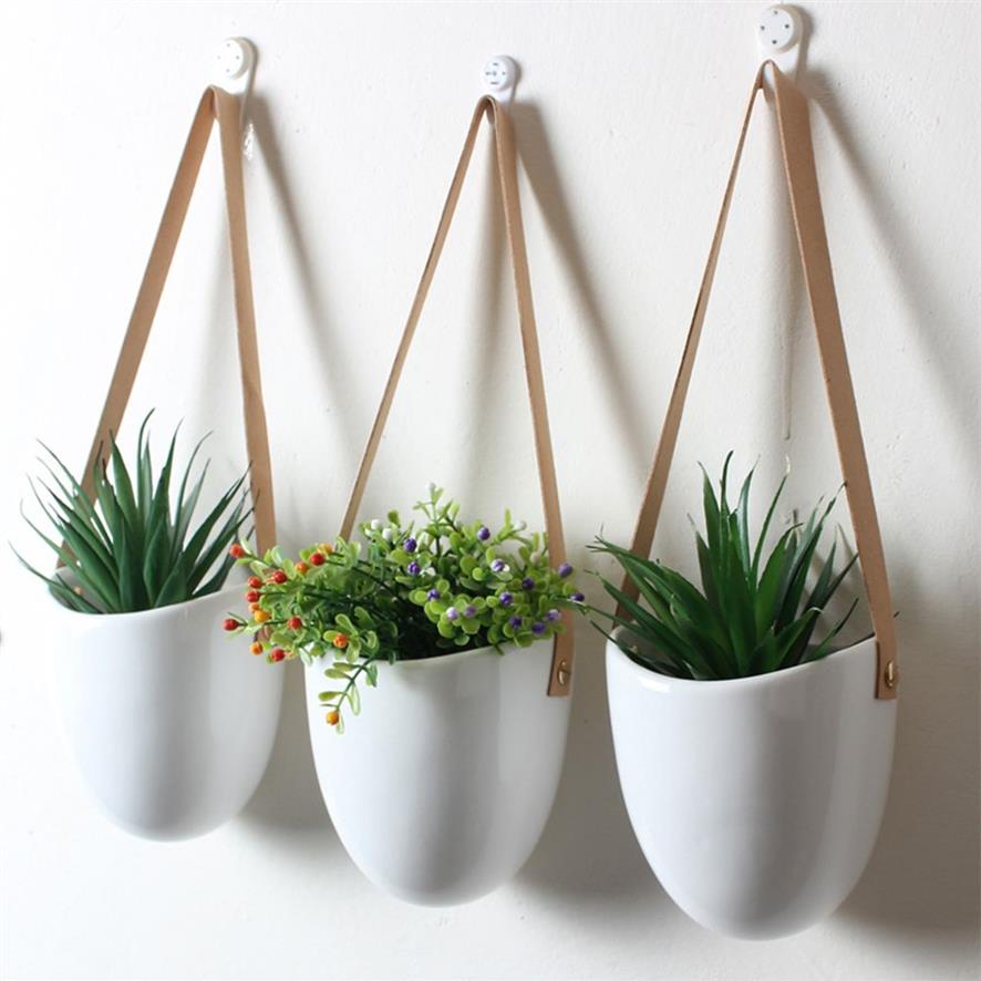 3 pièces porte-pot de fleur succulente maison décorative avec corde suspendue jardinière mur blanc pratique élégant moderne en céramique C1115249t