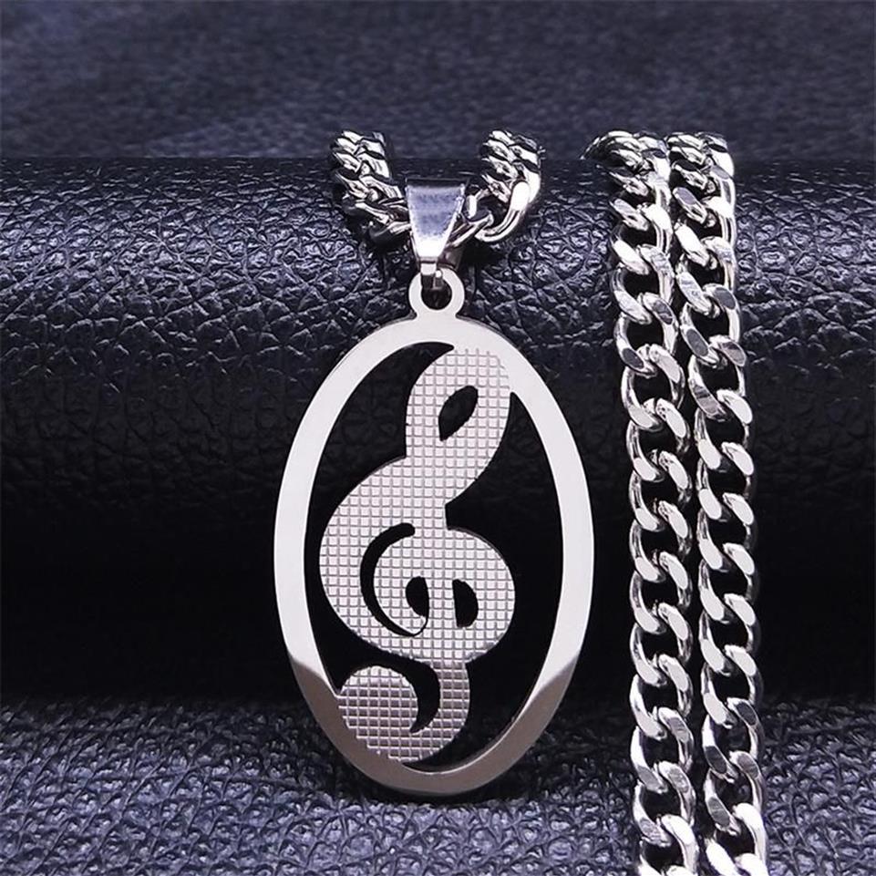 Pendant Necklaces Music Notes Stainless Steel Necklace Women Men Silver Color Chain Oval Jewelry Chaine Acier Inoxydable N4277S06P281f