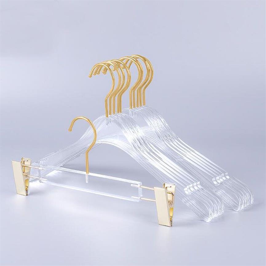 Top Grade Clear Acrylic Crystal Clothes Suits Hanger with Gold Hook Transparent Acrylic Pants Hangers with Gold Clips 20121991