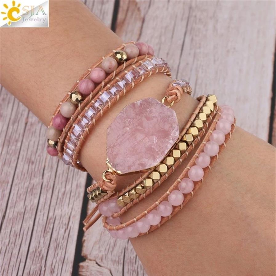 CSJA Bracciale in pietra naturale Braccialetti avvolgenti in pelle di quarzo rosa le donne Gemme rosa Perline di cristallo Gioielli Boemia 5 fili S308 220258M