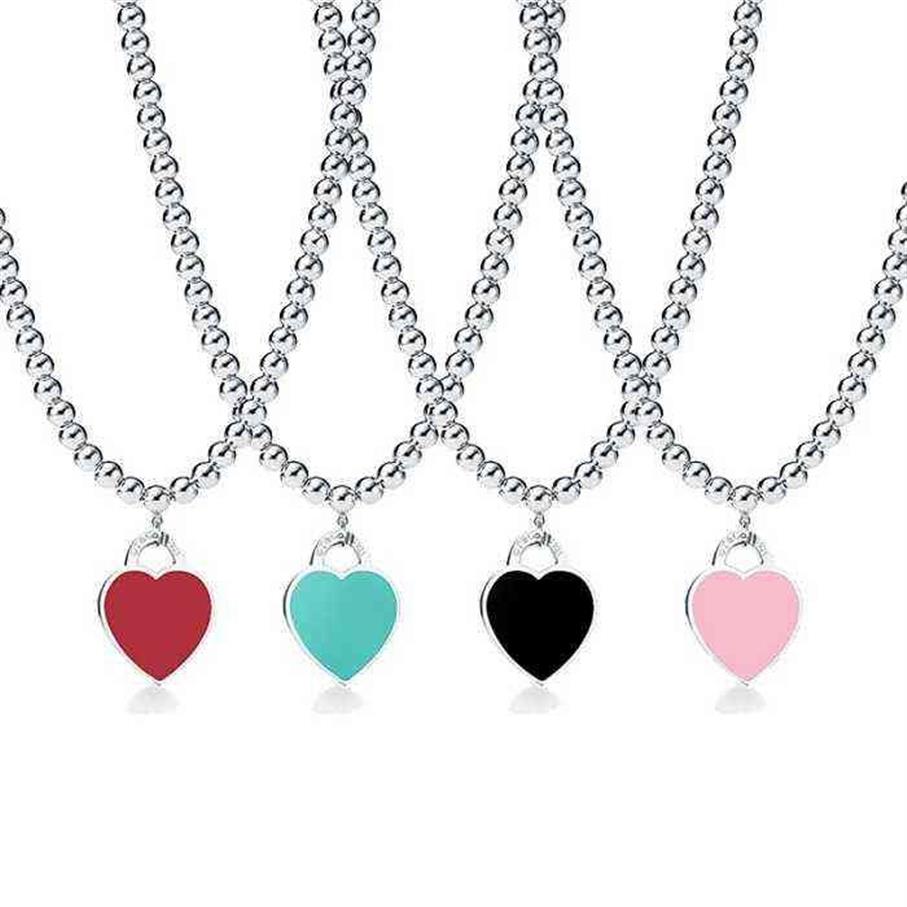 Collane di perle di design in argento sterling 925 gioielli da donna con collana di cuori di smalto di colore rosa blu rosso nero intero Y22031279a