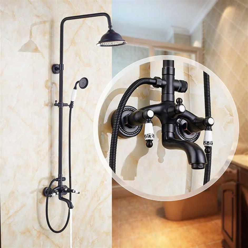 Black Retro Shower Set With Ceramic Arm Lifting Shower Set Antique Solid Brass Shower Body And Head System X0705296E