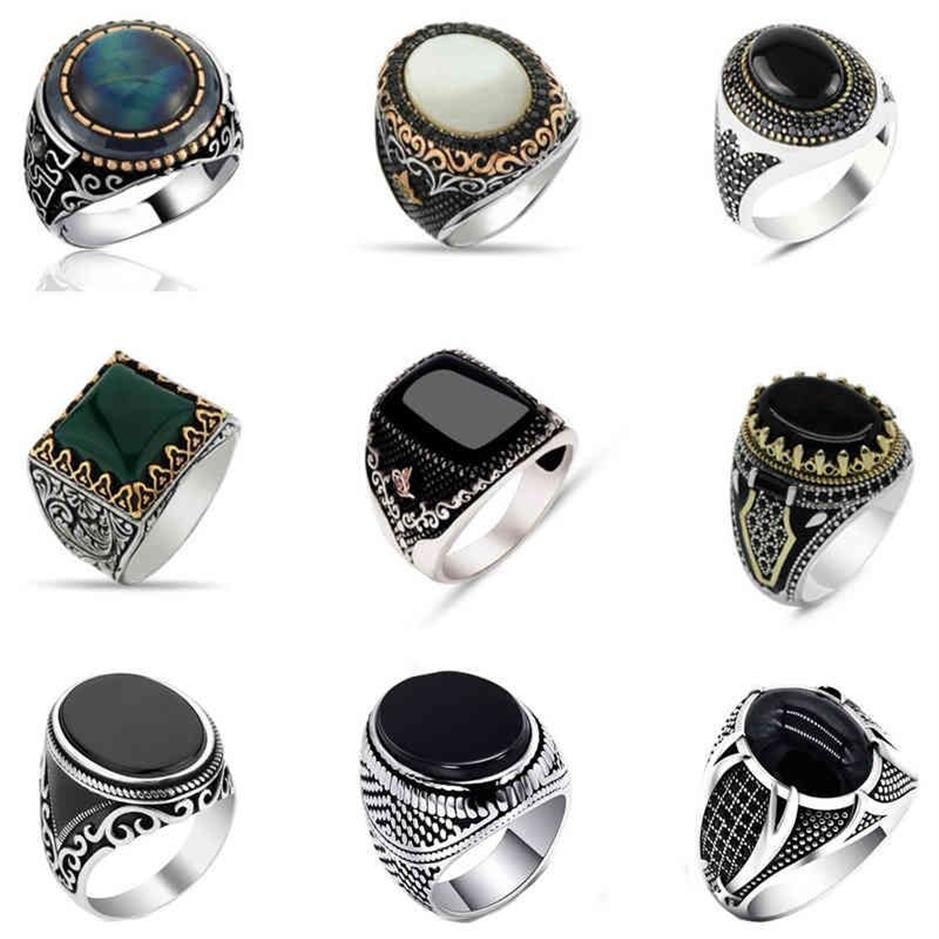 30 Styles Vintage Handmade Turkish Signet Ring for Men Women Ancient Silver Color Black Onyx Stone Punk Rings Religious Jewelry253l