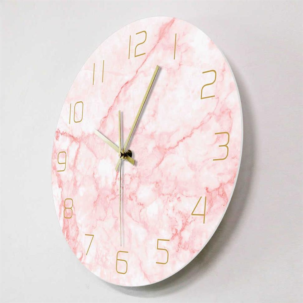 Horloge murale ronde en marbre rose naturel, silencieuse, sans tic-tac, décoration de salon, Art nordique, horloge murale minimaliste, montre murale silencieuse 2270o