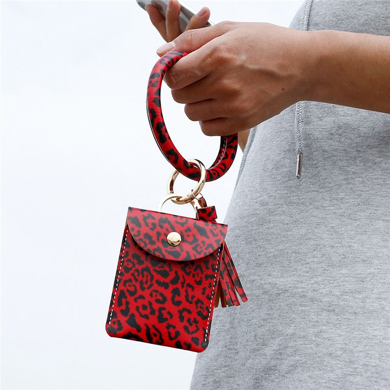 Bangle Bracelet Card Bag Wallet Keychain Wristlet Keyring Leopard Handbag Bracelet Credit Card Holder With Tassel Party Favor Da746