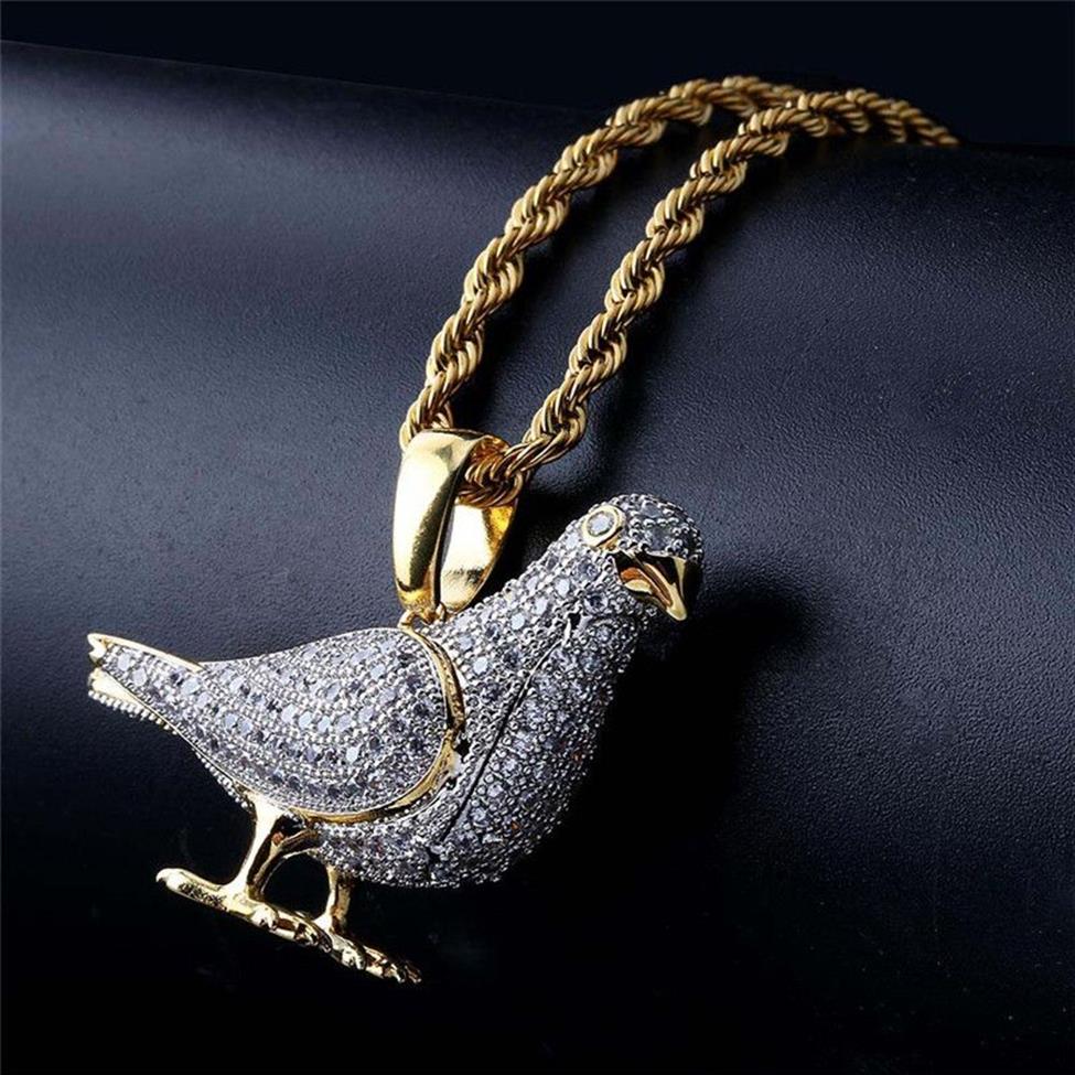 مجوهرات الهيب هوب المثلجة قلادة قلادة حمامة مع سلسلة ذهبية للرجال Micro Pave Zircon Animal Necklace2850