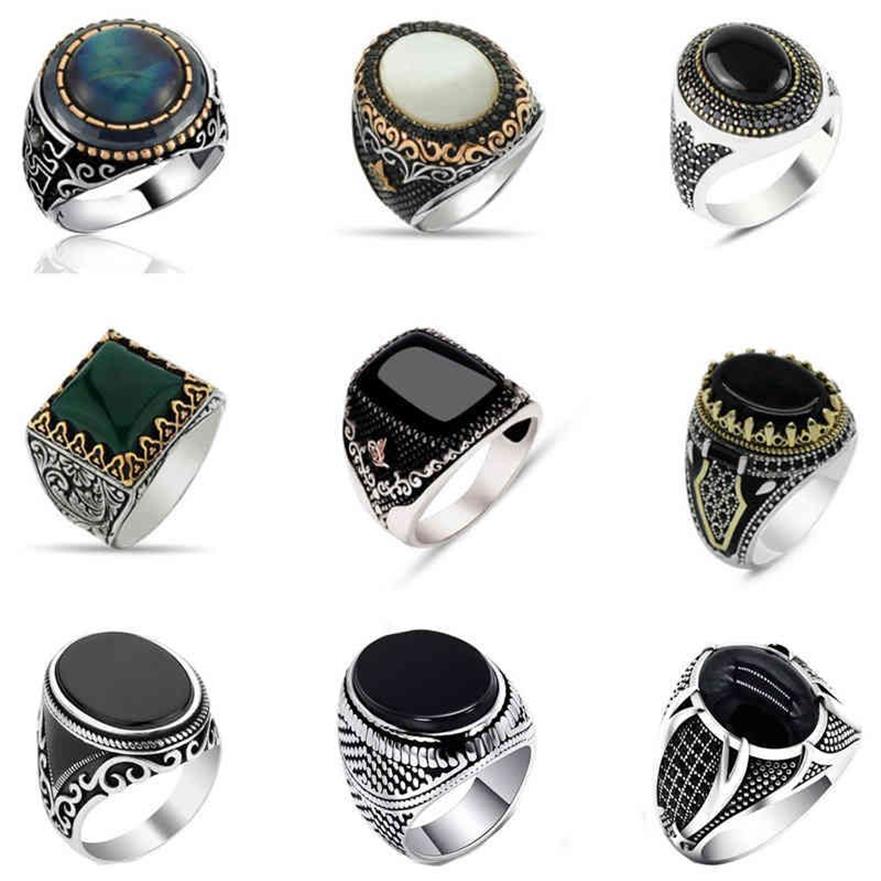 30 styles vintage fait à la main chevalière turque pour hommes femmes antique argent couleur noir onyx pierre punk anneaux bijoux religieux2423