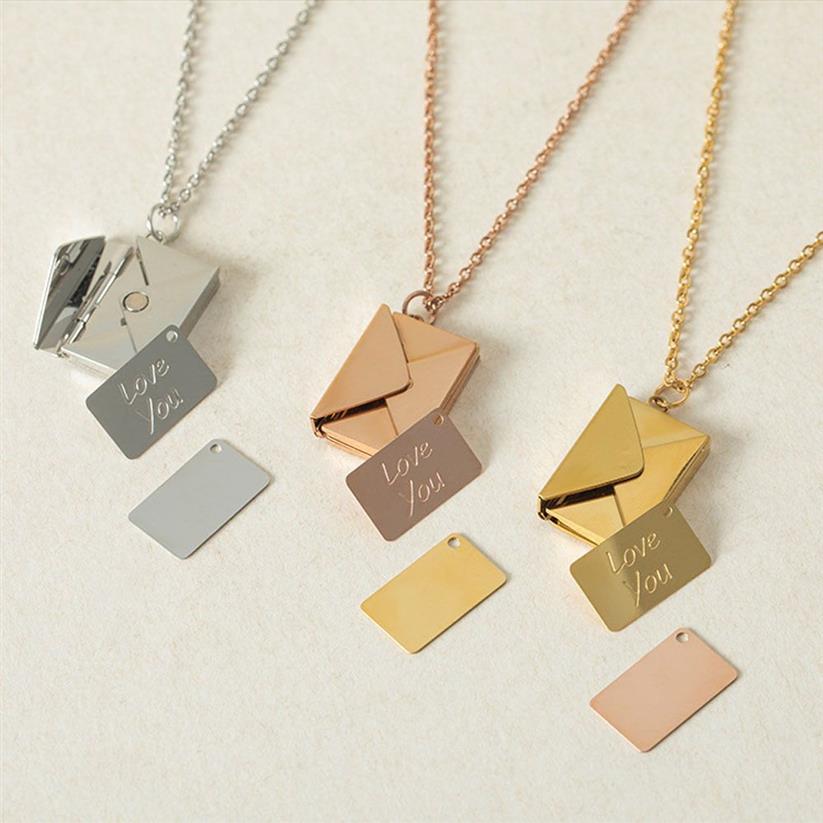 Collier de lettre d'amour d'enveloppe pour les femmes et les hommes médaillon gravé en acier inoxydable avec pendentif de bijoux de message secret je t'aime Gif267h