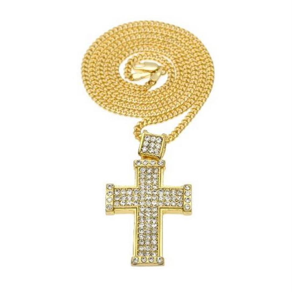 Europa US 18K echtes Gold Galvanik Diamant dreidimensionale Kreuz Anhänger Halskette Hip-Hop Hip Hop Schmuck255h
