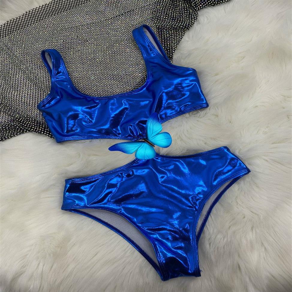 Nieuwe Lederen Badpak Bikini Set Vrouwen hardware Pad Badmode Zwart Blauw Snelle Badpakken Sexy pad tags277U