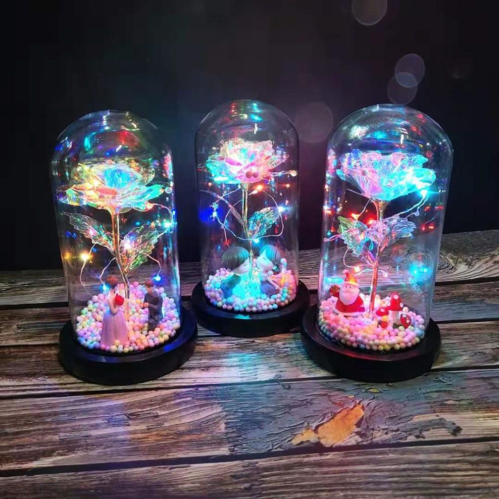 Souhaitant fille galaxie rose en flacon LED fleurs clignotantes dans un dôme de verre pour la décoration de mariage cadeau de la Saint-Valentin avec cadeau Bo2583